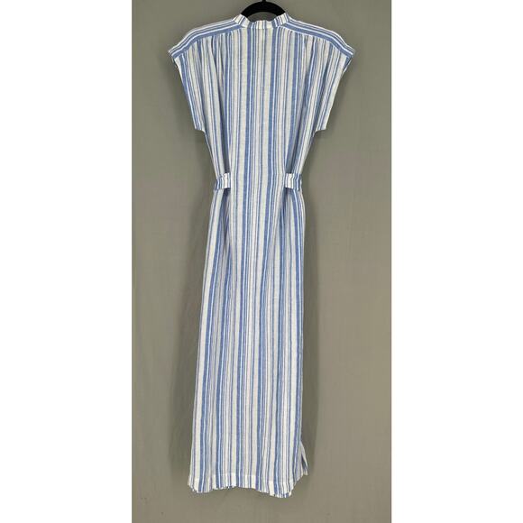 AYR Dress Womens XS Blue Striped Maxi Linen Button Tie Front Pockets Coastal - Picture 3 of 8